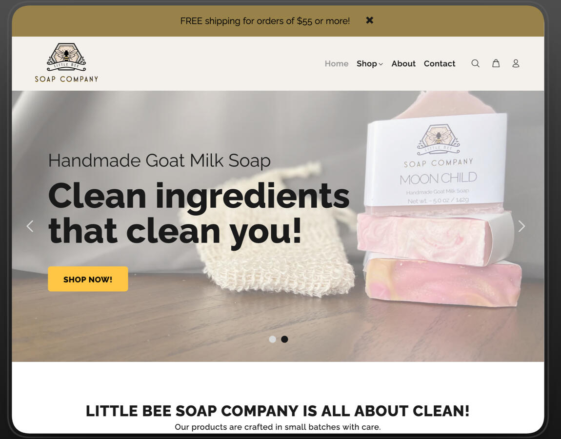 Homepage design for Little Bee Soap Company, featuring a clean and natural aesthetic. Key elements include a hero image displaying a stack of handmade goat milk soaps next to a soap saver bag, the headline "Clean ingredients that clean you!", and a promine