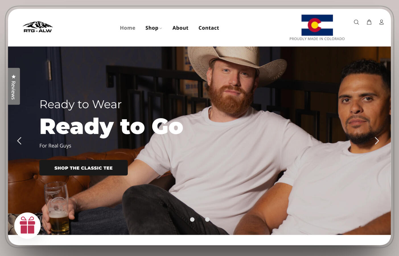 Homepage design for Ready To Go Active & Leisure Wear, featuring a rustic, masculine aesthetic with a "Proudly Made in Colorado" badge. Key elements include a hero image of two men in cowboy hats modeling white t-shirts, the headline "Ready to Wear. Ready